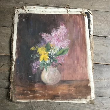 19th C French Floral Oil Painting, Lilac Flowers, Vase, Moody Still Life, Unframed Canvas Original Artwork 