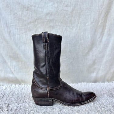 Vintage Tony Lama Black Label Cowboy Boots Men's 8, Womens's 10 Dark Brown Leather Western Pointed Toe USA Made 