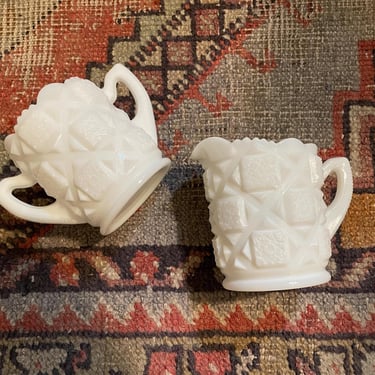 Milk Glass Cream and Sugar Set American Brilliant Cut Glass ABCG Antique 
