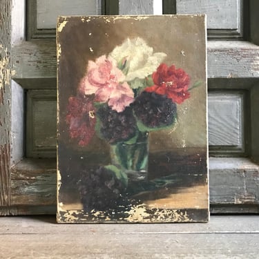 Antique French Floral Oil Painting, Rose Flowers in Vase, Still Life, Unframed Original Artwork, Damages 