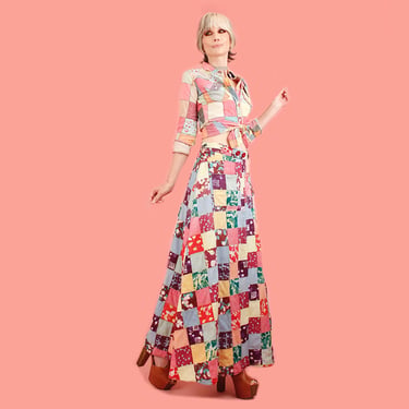 ViNtAgE 70's Patchwork Wrap Skirt // Madras Batik Print // 1970s Maxi // Hippie Bohemian Cotton Made in India 