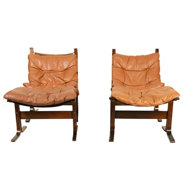 Pair, Westnofa Brown Leather Chairs + Ottomans by Ingmar Relling
