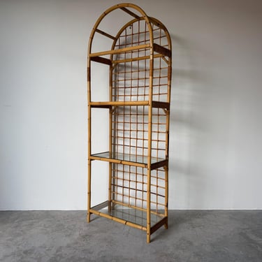 Vintage Boho Chic Coastal Bamboo & Rattan Four-Tier Arched Étagère 