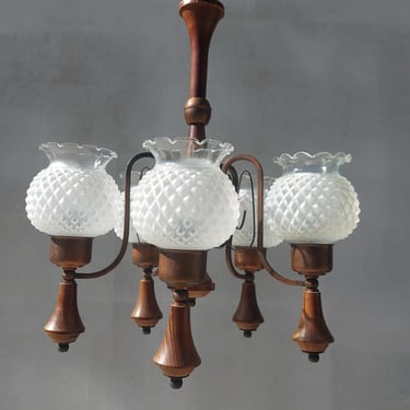 Vintage 5 Arm Wooden Chandelier – Mid Century Pineapple Glass Ceiling Light with Copper Details, Retro Dining Room Pendant Lamp 