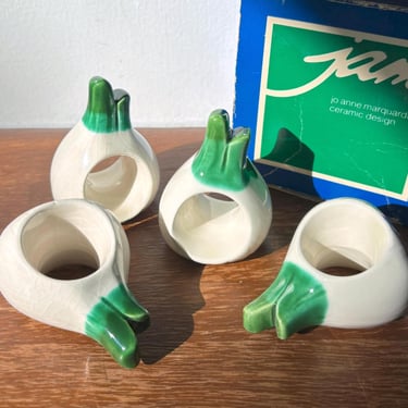 Vintage 1981 Jo Anne Marquardt Ceramic Onion Napkin Rings | Retro Fun Food Kitchen Dinner Party Dining Table Holder | Original Box Set of 4 