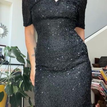 VTG 90s Lawrence Kazar Pure Silk Black Beaded Mini Dress with Keyhole Neckline 