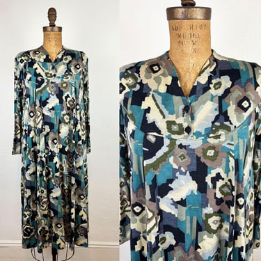 Vintage 1980s Missoni Orange Label Trapeze Dress Blue Floral Swingy Wool Jersey Knit with Pockets M 