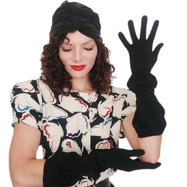 Vintage 1940s Statement Gloves Crescendoe Long Black Ruched Sculpted Modernist 