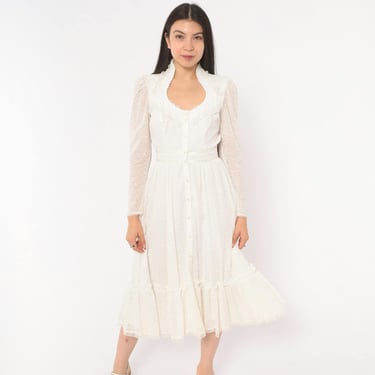 70s Gunne Sax Prairie Dress White Floral Lace Ruffle Neckline Sheer Sleeve Tie Back Cottagecore Bridal Coquette Wedding Whimsy Extra Small 