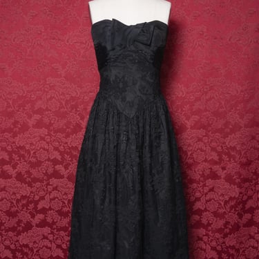 1980s Scott McClintock Black Lace and Taffeta Strapless Prom Dress 