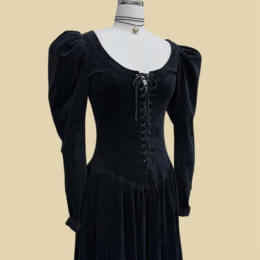 Vintage Betsey Johnson Dress Retro 1980s RARE + Punk Label + Small + Size 8-10 + Black + Velour + Lace Up Front + Puff Sleeves + Womens 