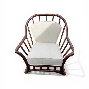 Oversized Vintage Faux Bamboo Armchair with New Neutral Upholstery – Solid Wood Carving 