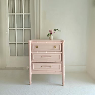vintage bamboo nightstand,  small dresser, light pink vintage dresser, blush pink, curvy furniture, storage, pastel, boho, dresser NJ nyc 