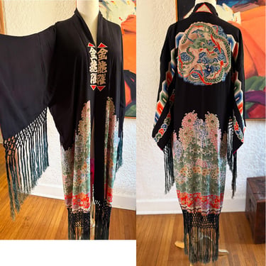 Exquisite Vintage 1920's Japanese Silk Cocktail Coat /Robe with Flowers, Dragons and Long Ombre Fringe 