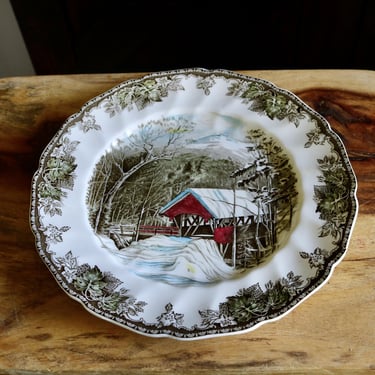 Johnson Bros The Friendly Village Dinner Plate, Vintage Winter Tableware, English Porcelain Snowy Covered Bridge Fine China, Nostalgic Charm 