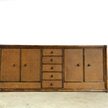 Vintage  rattan and travertine sideboard, 1960s - mid century wooden sideboard - vintage bamboo credenza - vintage cupboard - vintage buffet 