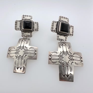 Vintage Ron Wesley Navajo Stamped Sterling Silver Onyx Cross Pierced Earrings Signed 