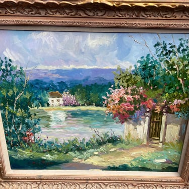 Beautiful signed oil painting- cottage - lake - gilded frame 