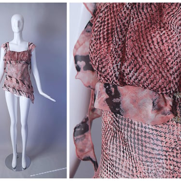 Vintage Y2K *NWT* XOXO Pink and Black Snake Print Asymmetric Ruffle Top with Rhinestone Buckle at Bust | retro 90s 1990s 2000s | 