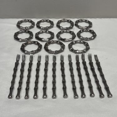 11 Silver Bamboo Napkin Rings & Cocktail Appetizer Forks, Hollywood Regency,  Elegant Table Setting, metal Table Decor, Holiday Dining Decor 