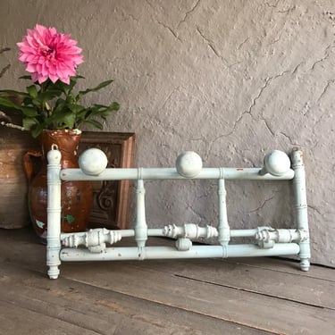 French Faux Bamboo Coat Rack, Painted Blue Wood, 3 Mushroom Hooks, 3 Hat Hooks, Rustic French Farmhouse, Damages 