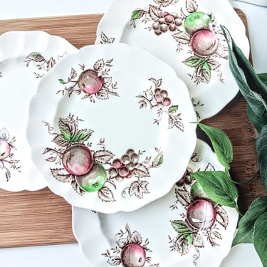 4 Johnson Bros Harvest Time Brown Ceramic Dessert Bread Plates/England/1970s/French Country Cottage Core Farmhouse/Autumn Thanksgiving Fruit 