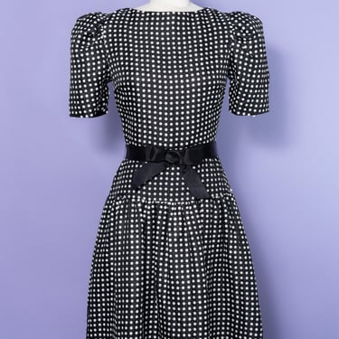 1980s Scaasi Boutique Sequin Dot Dress with Black Bow Belt 