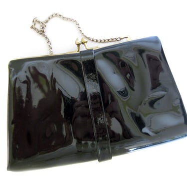 1950s Vintage Black Patent Leather Purse Clutch Bag Evening Bag 