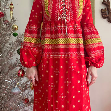 1960s mod lace up balloon sleeve maxi dress // Small // vintage 60s 70s tie front red + yellow floral dress ED Juniors San Francisco 