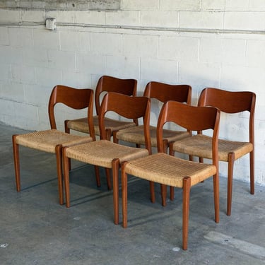J.L. Moller Oak Model 71 Dining Chairs Set of 6 Cord Seats Denmark 1960s 