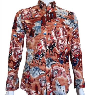 Vintage Ruddock Bros Western Shirt: Men's Native American, Wolf, and Horse All-Over Print, Retro Cowboy Button Down 