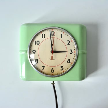 Vintage 50s Kitchen Westclock Belfast Art Deco Green Wall Clock. Plug In Electrical Clock. Mid Century Metal Glass Wall Hanging Retro Clock 