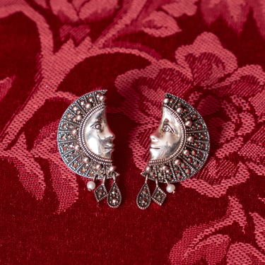 Sterling Silver & Marcasite Moon Earrings with Pearl and Sparkle Dangles 