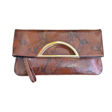 WOMEN'S WHITE HOUSE BLACK MARKET BROWN SNAKESKIN PRINT CONVERTIBLE CLUTCH CROSSBODY BAG