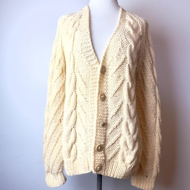 Vintage wool cableknit Cardigan sweater~ V neck chunky fisherman style Italy / SM oversized 1960’s 