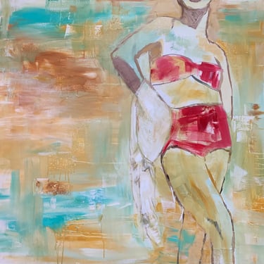 Bikini painting, abstract graffiti realism, 36x 36x 1.5, hand painted , unique painting, original artwork, interior design, 