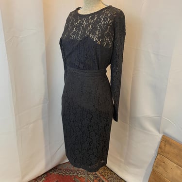 Black Lace Dress 2 Piece Pencil Skirt Sheer Blouse 1980s Vintage Vanda Mazzeo M 