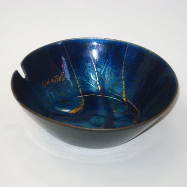 Sascha B Brastoff Mid Century Enamel on Copper Plate Ash Tray; Vintage Signed Cobalt & Aqua Blue Swirls w/ Gold Sea Ocean Theme ? 