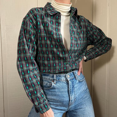 Vtg 90s Christmas Plaid Collared Shirt, Vintage Womens Green Black Cotton Button Up Top, Cotton Oxford with Christmas Tree Embroidery 