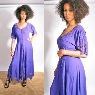 Vintage 90s Dress Purple Embroidered Sundress Bali Cutwork Rayon Dress M medium 
