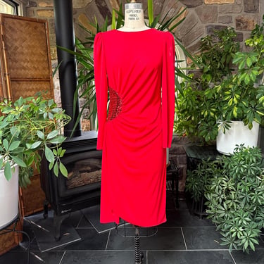 Vintage 1980s Red Polyester Knit and Sequin Formal Dress JC Penney Fashions, Vintage Red Sequin Holiday Christmas Dress 
