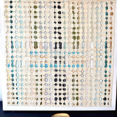 Textured Abstract Art on Wood;   Mixed Media Wall Decor, Patterned Layered Circle Art, Greens, Blues, Peach, Touch of gold.  24”x24”1 5/8”. 