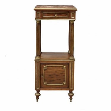 Antique French Empire Louis XVI Revival Gilt Brass Trimmed Plum Pudding Mahogany Bedside Cabinet Nightstand Tiered Pedestal Table 19th C. 