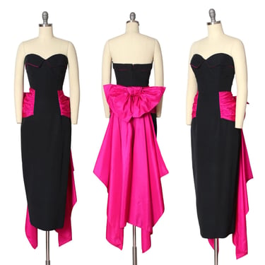 Vintage 1980s Dress | 80s Shocking Pink Train Black Strapless Wiggle Formal Evening Party Gown | small 