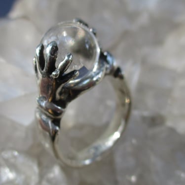 Magical Crystal Ball Ring -Sterling Silver- Hand Cast w/ Natural Quartz Crystal Size 7 1/4 