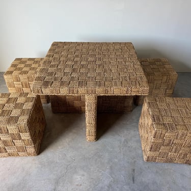 Vintage Coastal Organic Boho Chic Handwoven Seagrass Dining Table With 4 Stools – Set of 5 