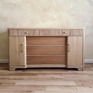 1940s Modern Fluted Dresser – Vintage Art Deco Dresser in Two-Tone Light Wood with Brushed Brass Hardware 