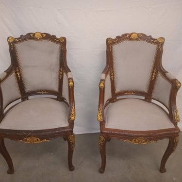 Pair of Louis XVI Matching French Parlor Chairs with Bronze Ormolu 