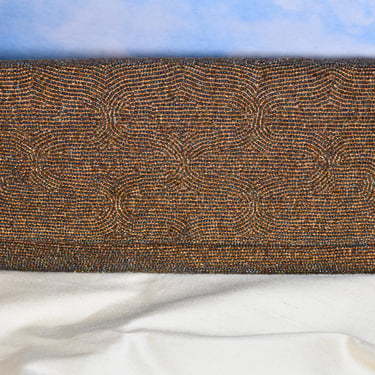 Vintage 1950s Bronze Beaded Envelope Clutch Bag - Mid Century Hand Beaded in Japan - Metallic Copper Glass Seed Beads 