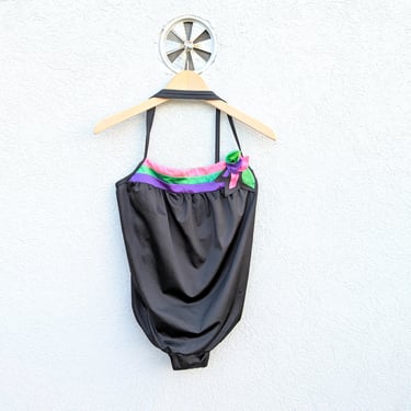 L'Idea black vintage swimsuit - Neon ribbon trim bathing suit - 90s monokini bottom 
